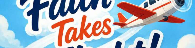 Bright Vacation Bible School poster: 'Faith Takes Flight!' with a red-and-white plane in a blue sky.