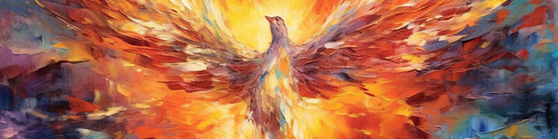 Abstract painting of a phoenix rising, surrounded by fiery orange, yellow, and red hues with wings spread wide.