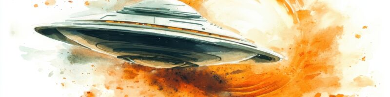 Watercolor painting of a silver flying saucer against an orange splash background on white canvas.